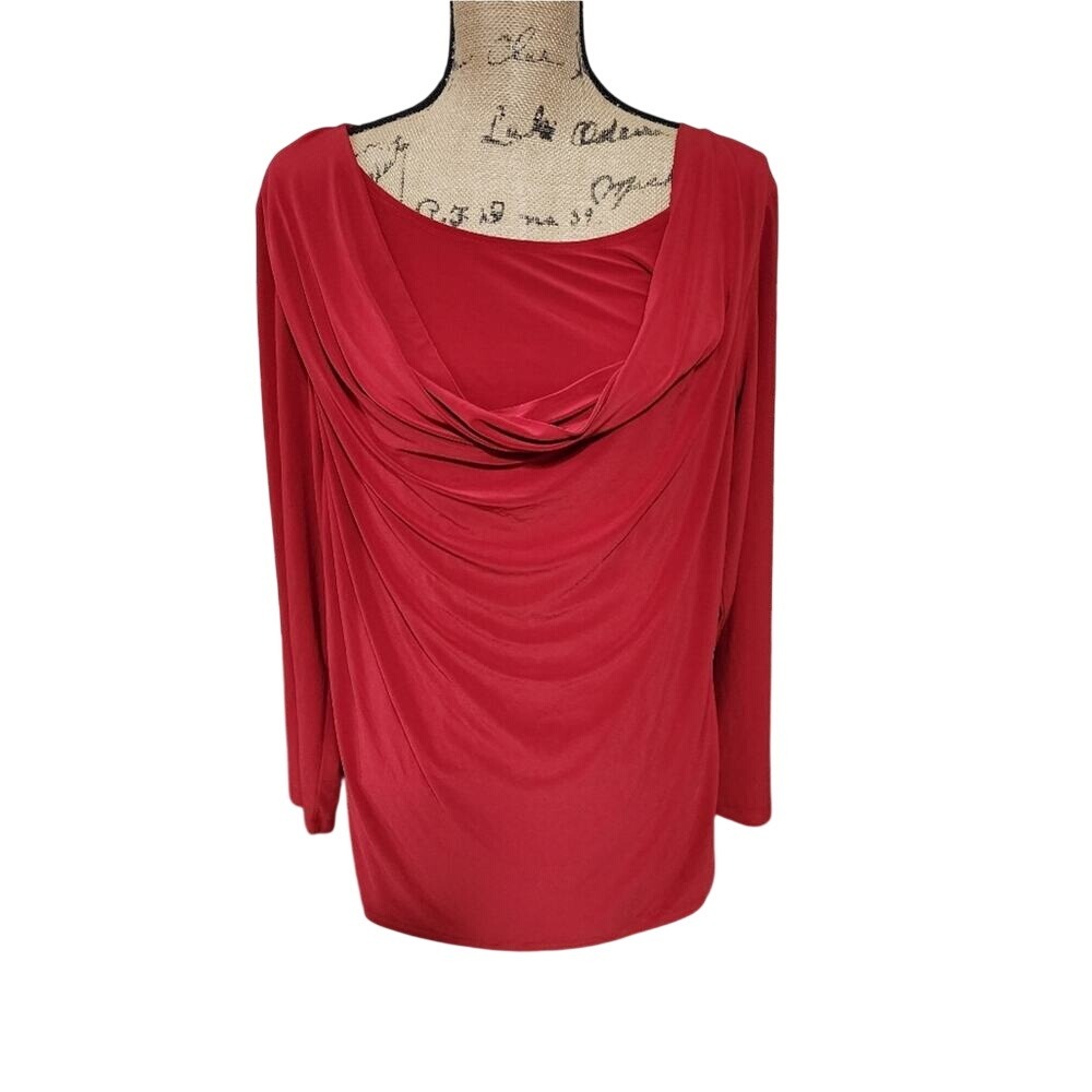 Susan‎ Lawrence Woman Red Cowl Neck Ruched Draped Long Sleeve Blouse 1X 58465